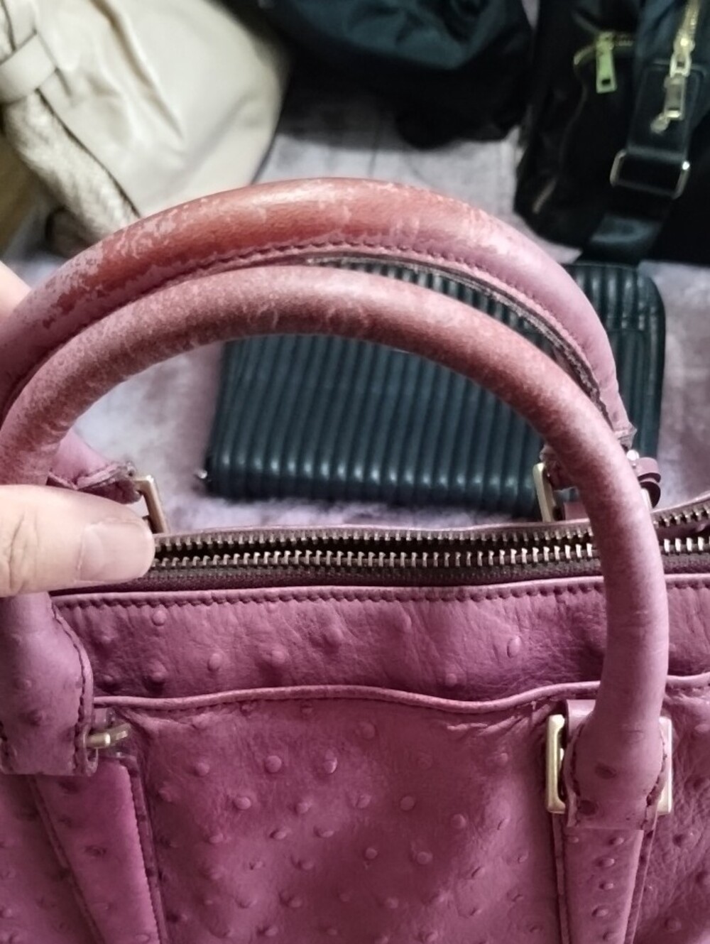Brahmin Plum Ostrich-Embossed Leather Satchel with Detachable Strap - Picture 11 of 11